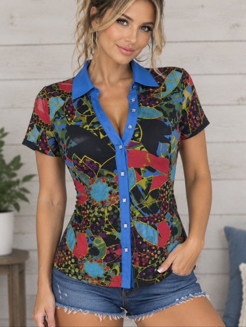 Vintage Retro, Psychedelic,  Floral Print Short-Sleeve Button Polo Top Medium